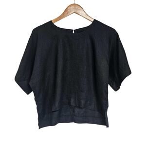 DKNY Pure Black Linen Short Dolman Sleeve Boxy Cropped Hi Low Hem Top Size Small